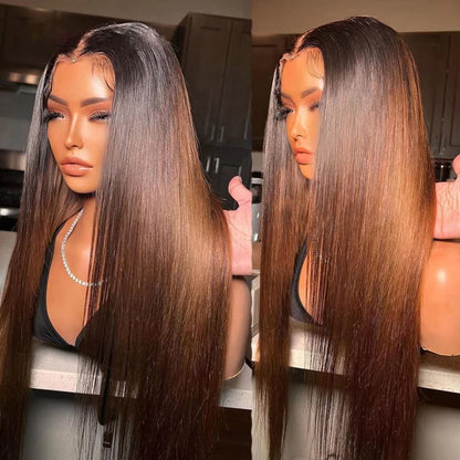 Brown Straight Glueless Wig Ombre 13X4 Lace Front Wig Pre Plucked Hairline Human Hair Wig