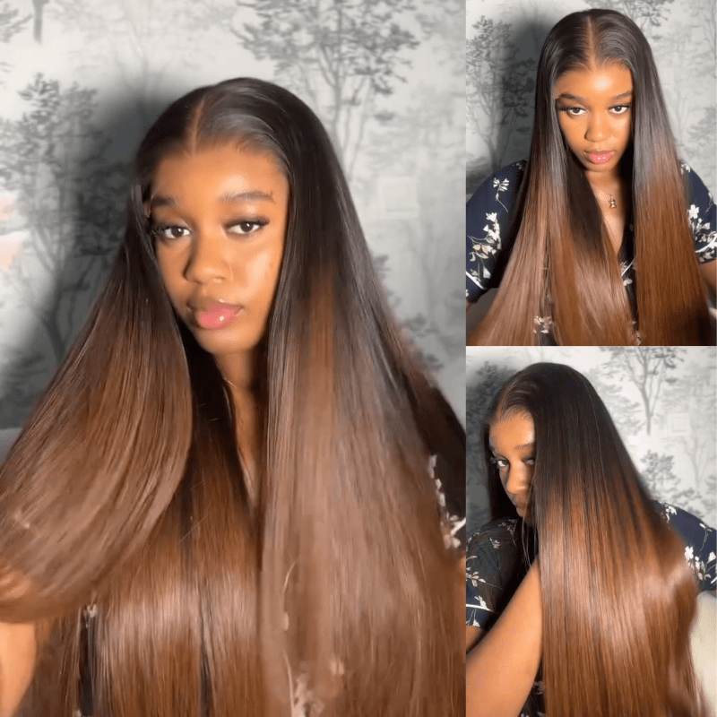 Brown Straight Glueless Wig Ombre 13X4 Lace Front Wig Pre Plucked Hairline Human Hair Wig