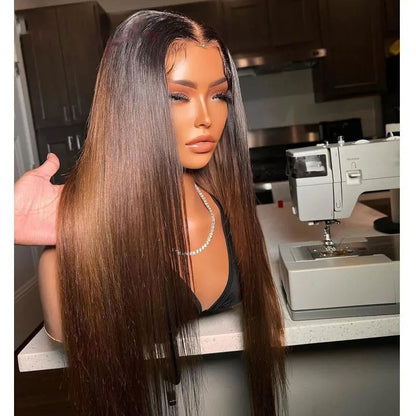 Brown Straight Glueless Wig Ombre 13X4 Lace Front Wig Pre Plucked Hairline Human Hair Wig